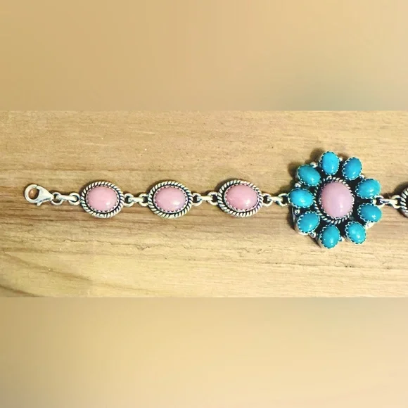 NWT Sterling Silver Pink Opal and Kingman Turquoise Bracelet - Picture 2 of 14